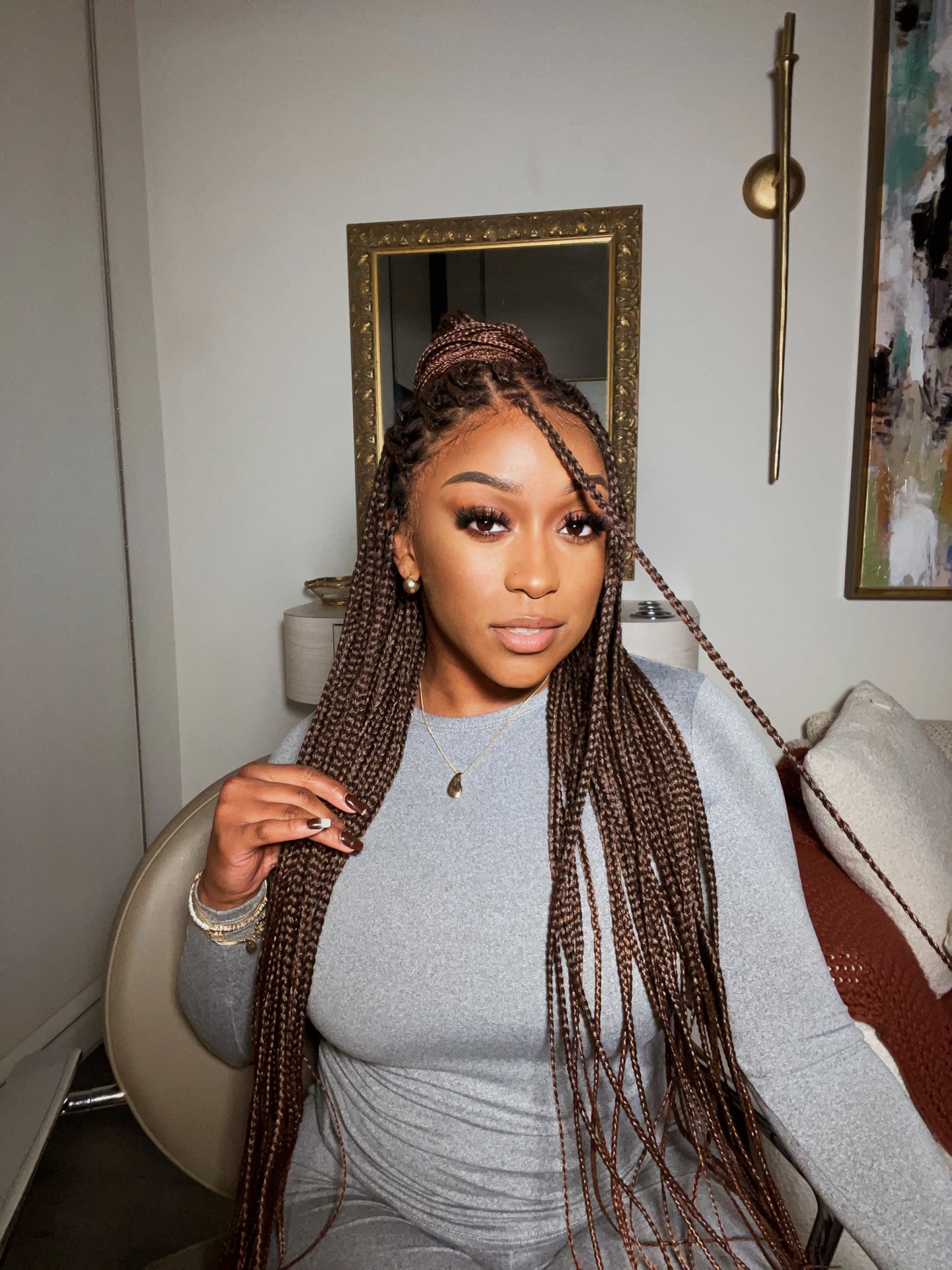 Pre Bleached Knotless Human Hair Roots Box Braided Wig 36" Full Lace 100 Strands - Kinky Human Baby Hair